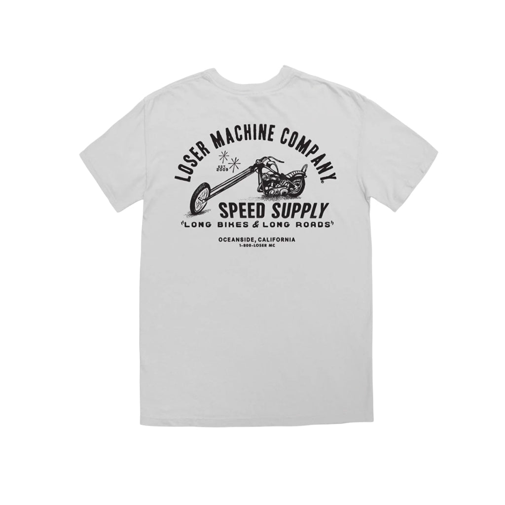 White t-shirt with black graphic and text on a white background