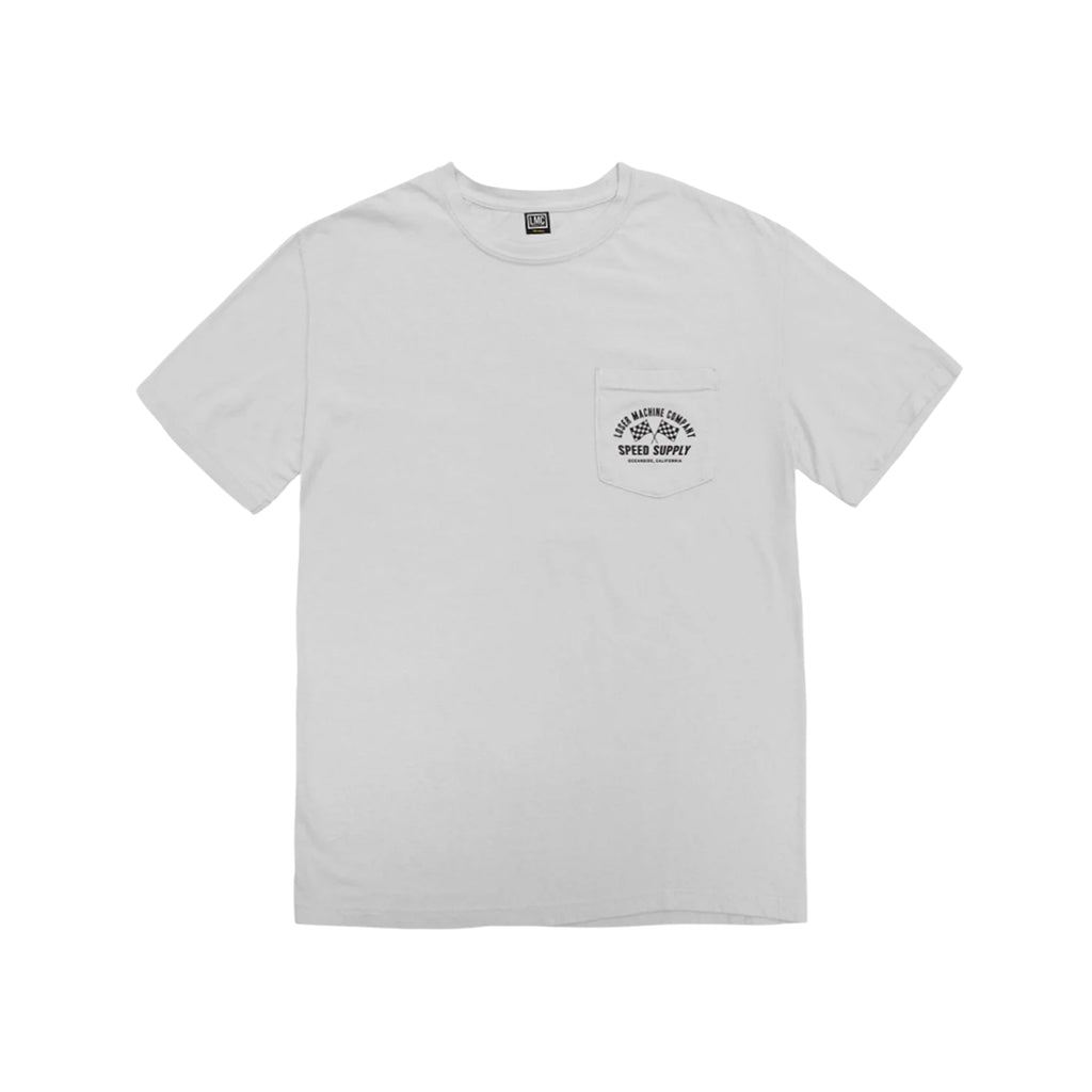 White t-shirt with a black logo on a white background