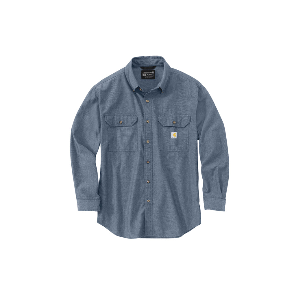 blue chambray work shirt on a white background