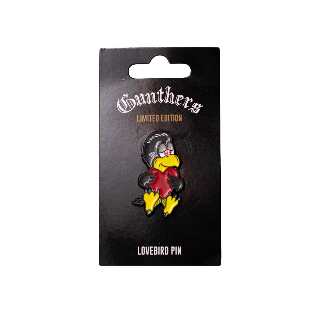Gunthers limited edition lovebird pin on packaging