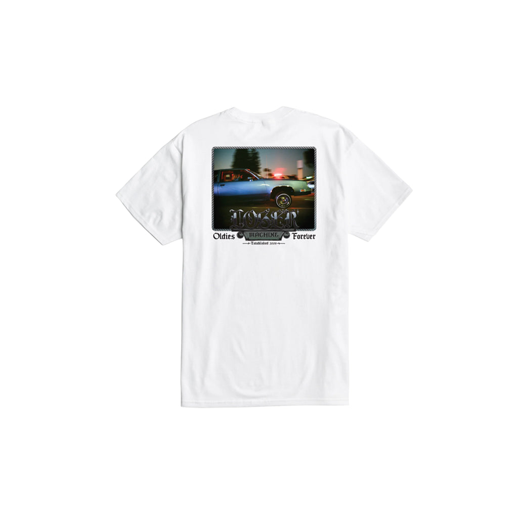 White t-shirt with a graphic of a car and text on the back, displayed on a white background.