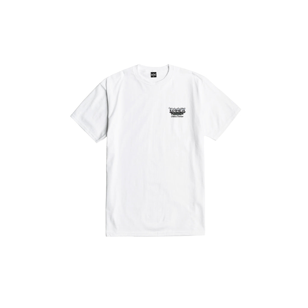 White t-shirt with a small logo on a white background