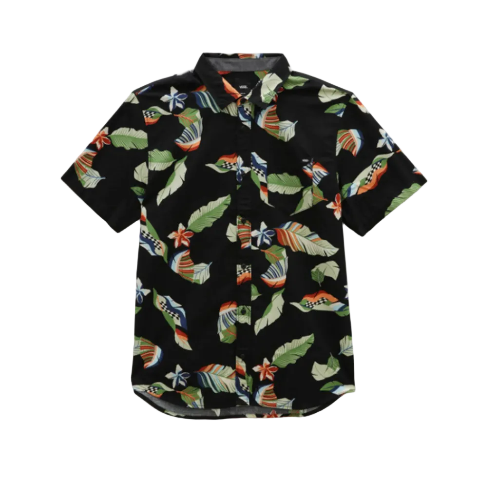 A short-sleeve button-up shirt with a black base and a tropical leaf print in green, orange, and white, displayed flat against a white background.