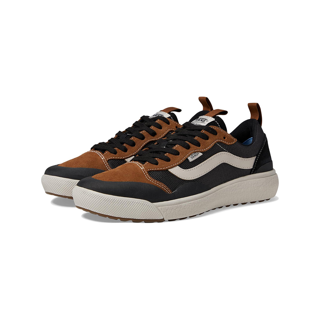 Pair of black and brown sneakers with white soles on a white background