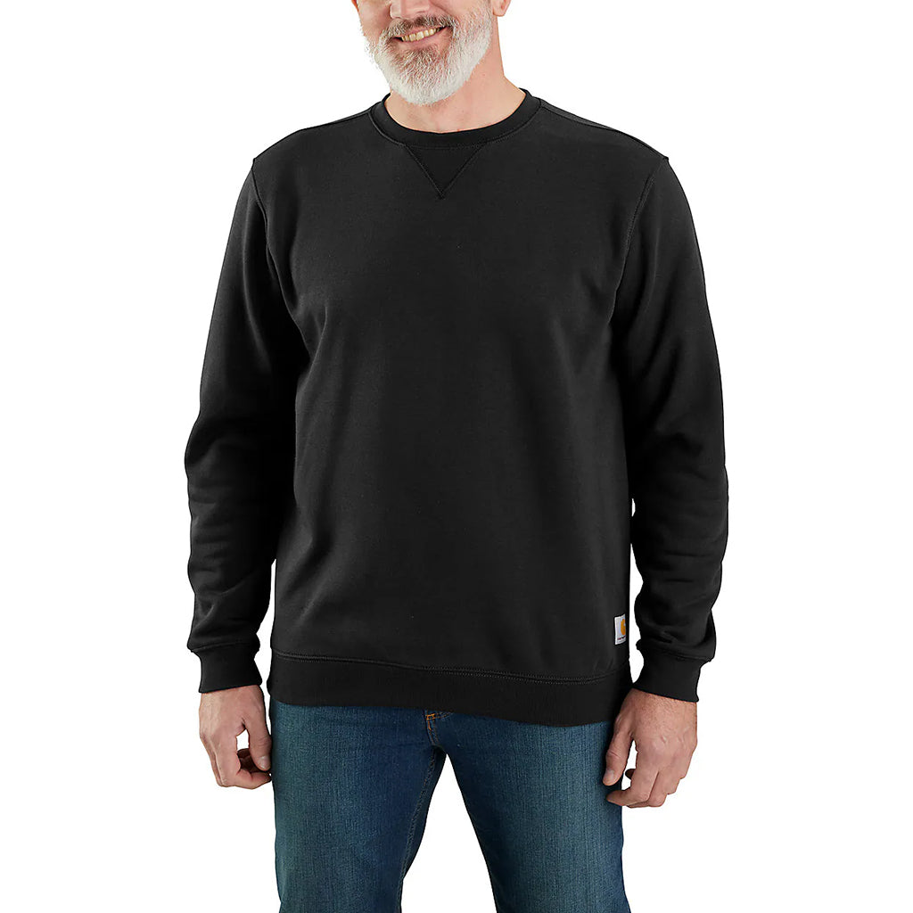 Man wearing a black sweatshirt with a visible brand logo on a white background