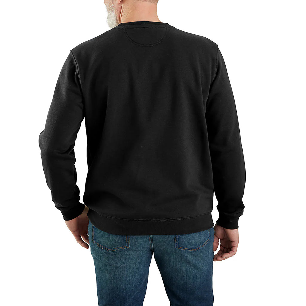 Person wearing a black sweatshirt and blue jeans on a white background