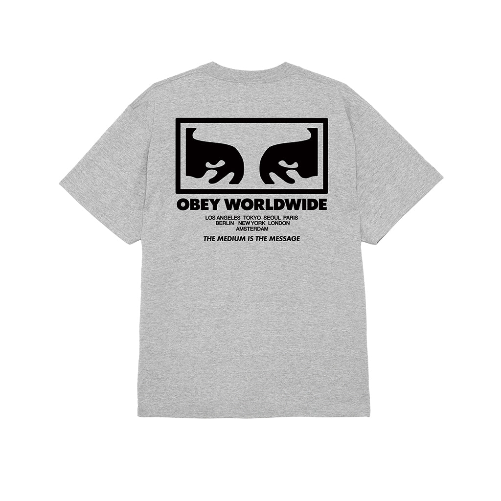 Gray t-shirt with black graphic and text on a white background