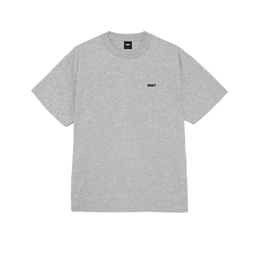 Gray t-shirt with a small black logo on a white background