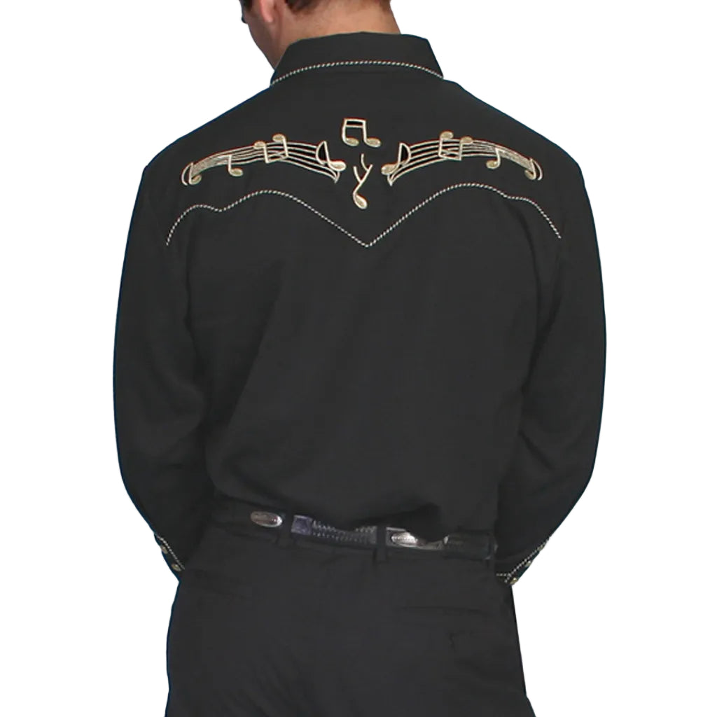 Black embroidered shirt worn by a person on a white background