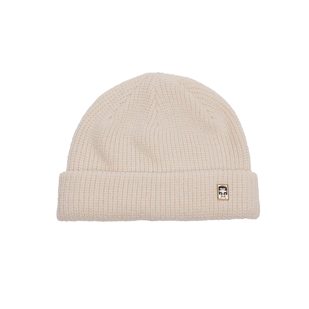 Shallow Fit Rib Knit Beanie in white on a white background