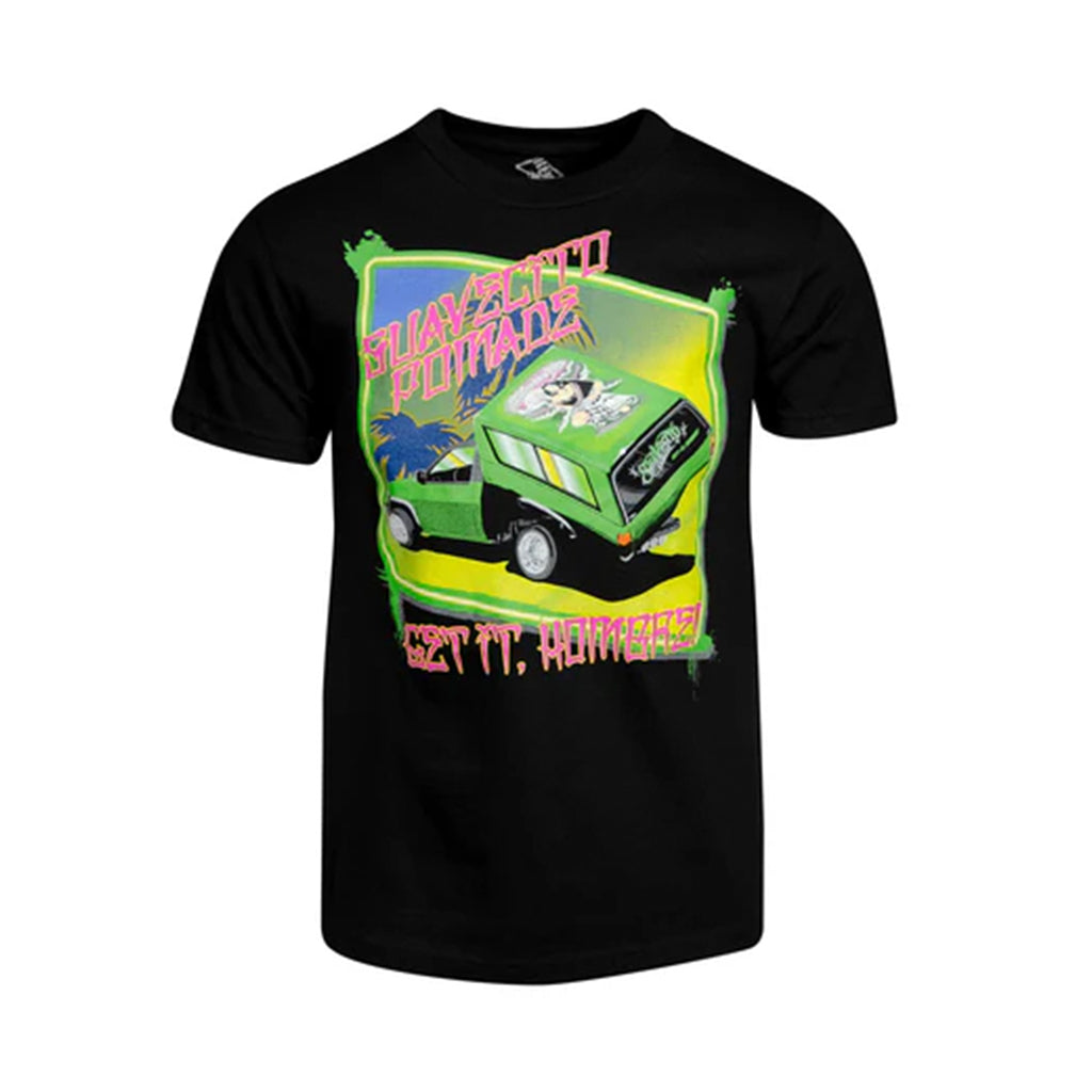 Black t-shirt with a colorful graphic of a green vehicle and text on a white background