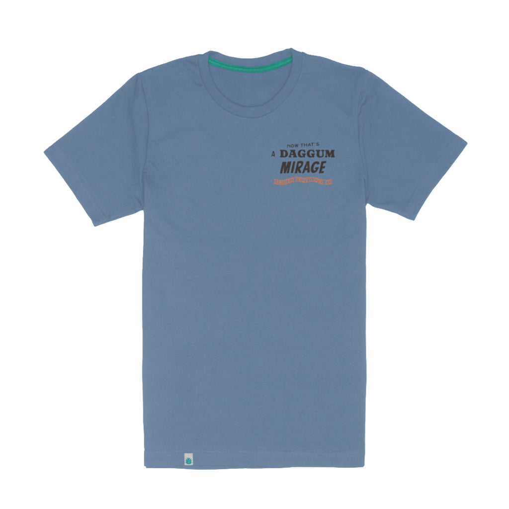 Blue t-shirt with text on a white background