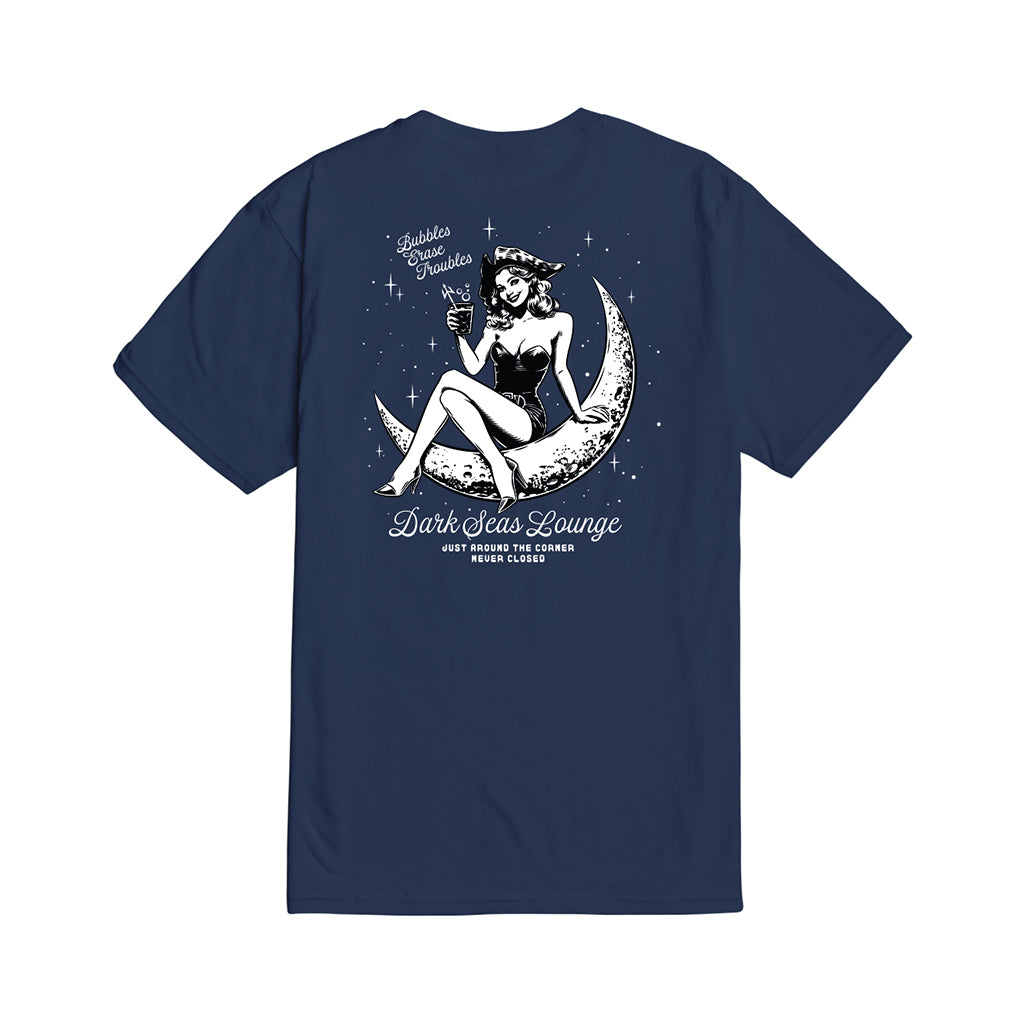 Navy blue t-shirt with a graphic design of a woman on a crescent moon and text on a white background