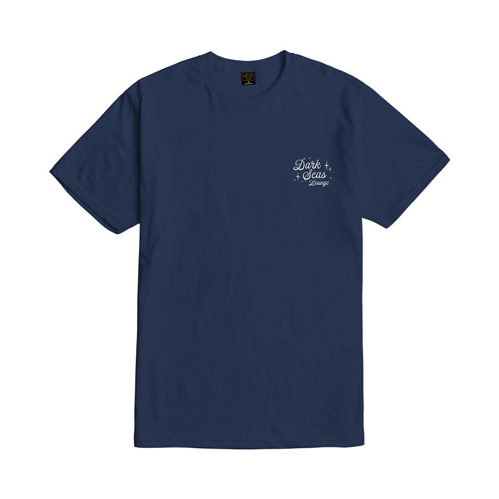 Navy blue t-shirt with white text on a white background