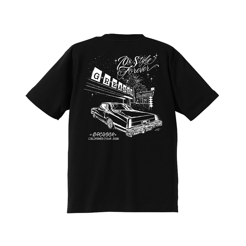 A black short-sleeve t-shirt shown from the back, featuring a large white graphic print of a classic car, fireworks, and the text 'Don't Stop Forever' and 'GREAT'.