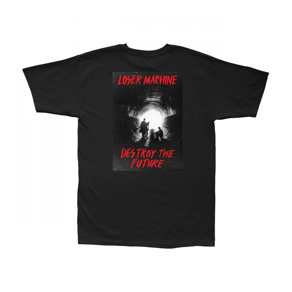 T-shirt with a graphic of people skating in a tunnel on a white background