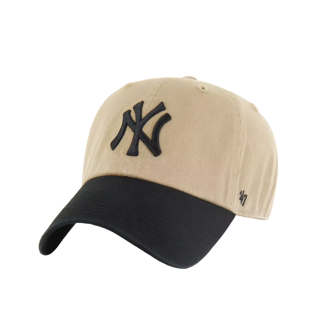 Beige and black cap with a logo on a white background