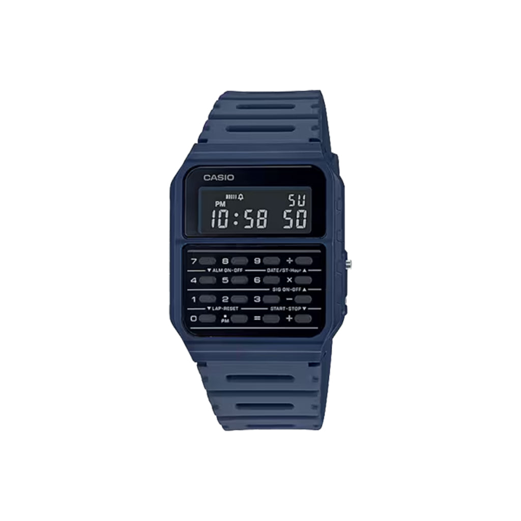 Blue Casio digital watch on a white background