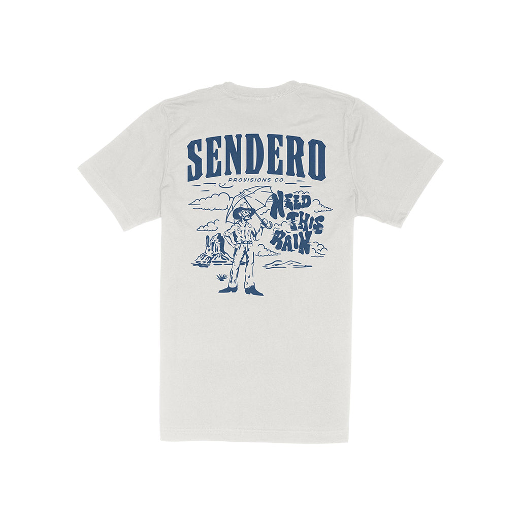White t-shirt with blue graphics and text on a white background