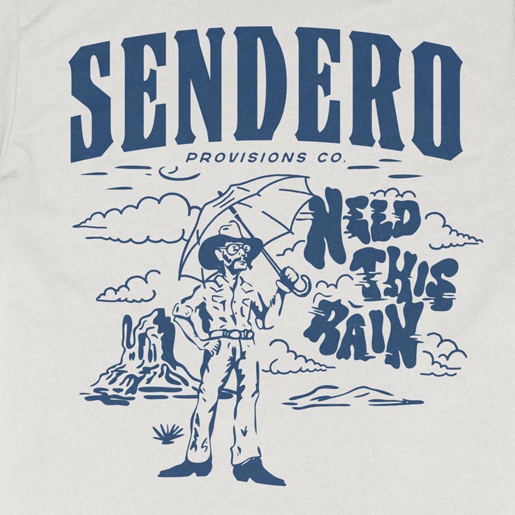 Sendero Provisions Co logo with a person holding an umbrella and text 'Need This Rain' on a light background