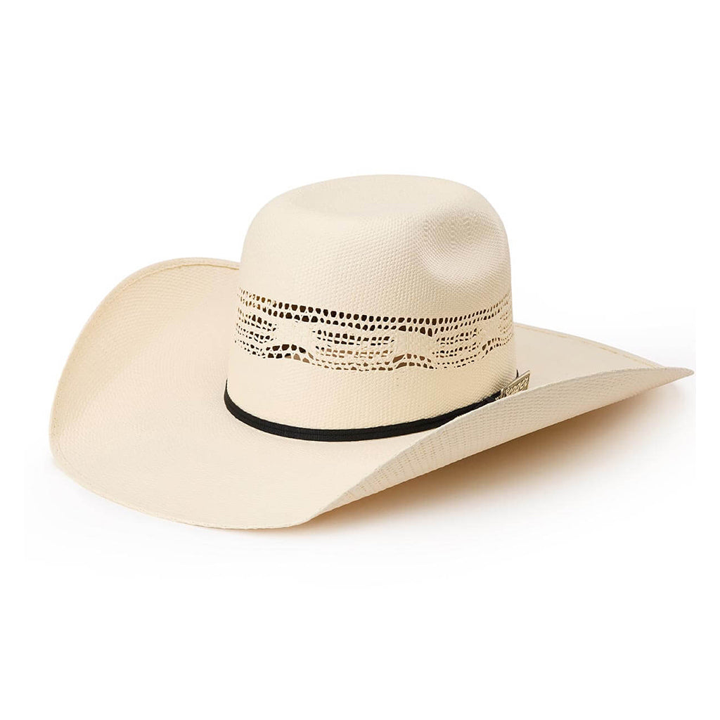 Beige cowboy hat with a black band on a white background