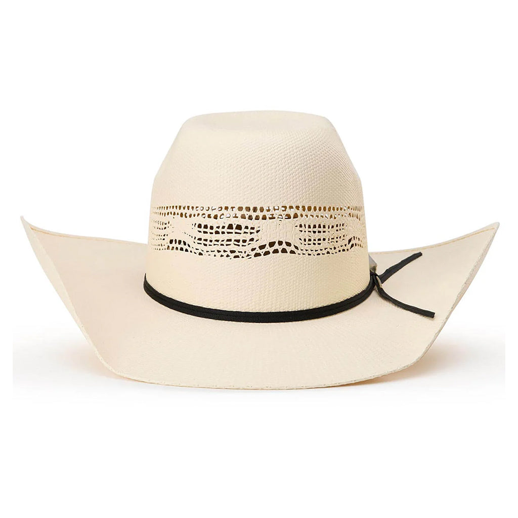 Beige cowboy hat with a black band on a white background