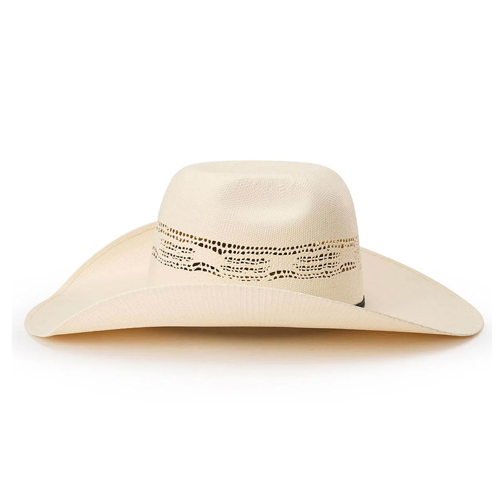 Beige wide-brimmed hat with a decorative band on a white background