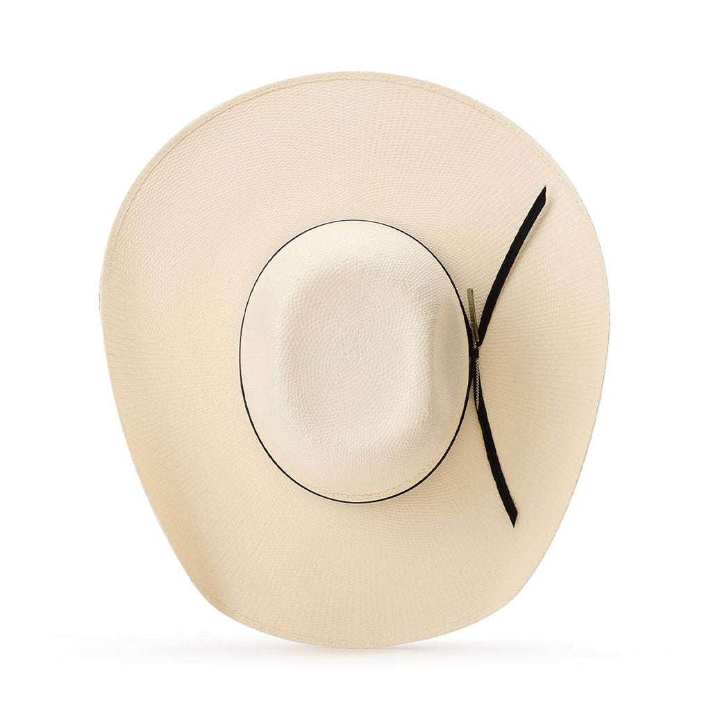Beige sun hat with a black band on a white background