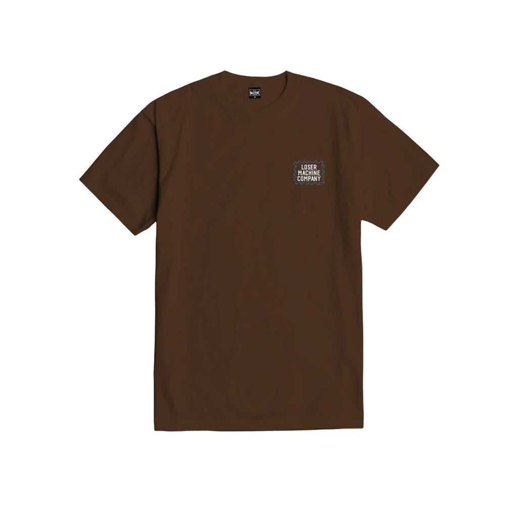 Brown t-shirt with a small logo on the chest against a white background