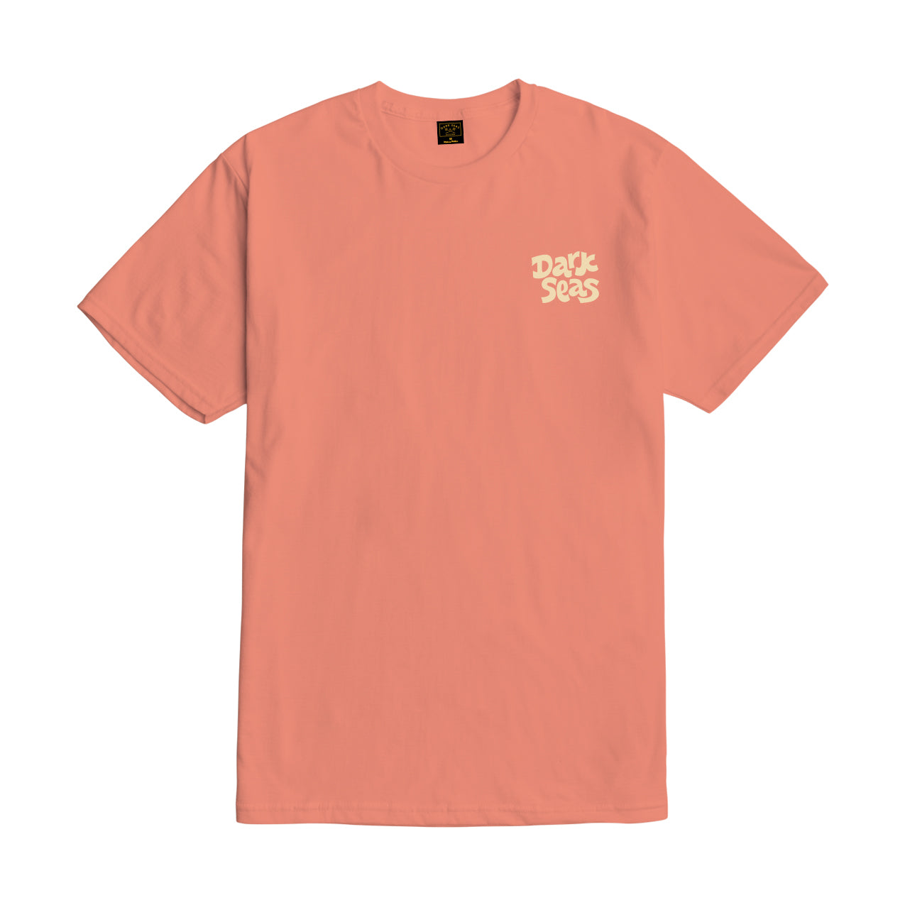 Peach-colored t-shirt with 'Dark Seas' logo on a white background