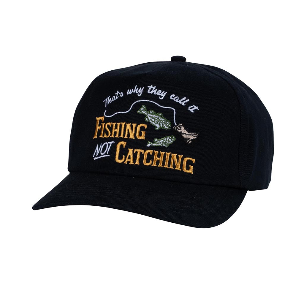 Black cap with fishing-themed text and graphics on a white background