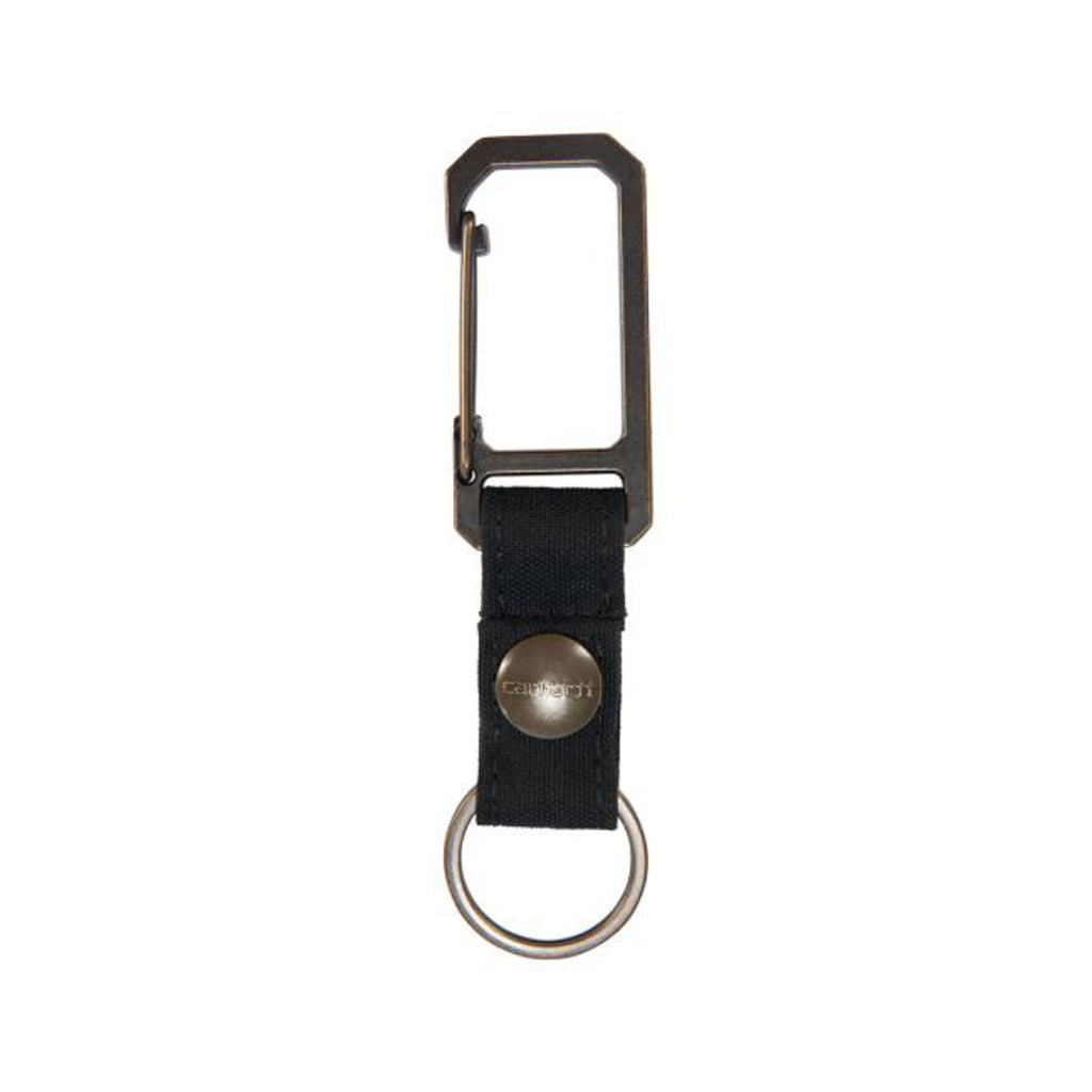 Black keychain with carabiner and metal clip on a white background