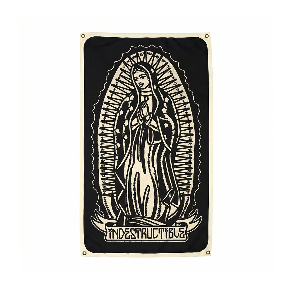 Black and white poster of a religious figure with 'Indestructible' text on a white background