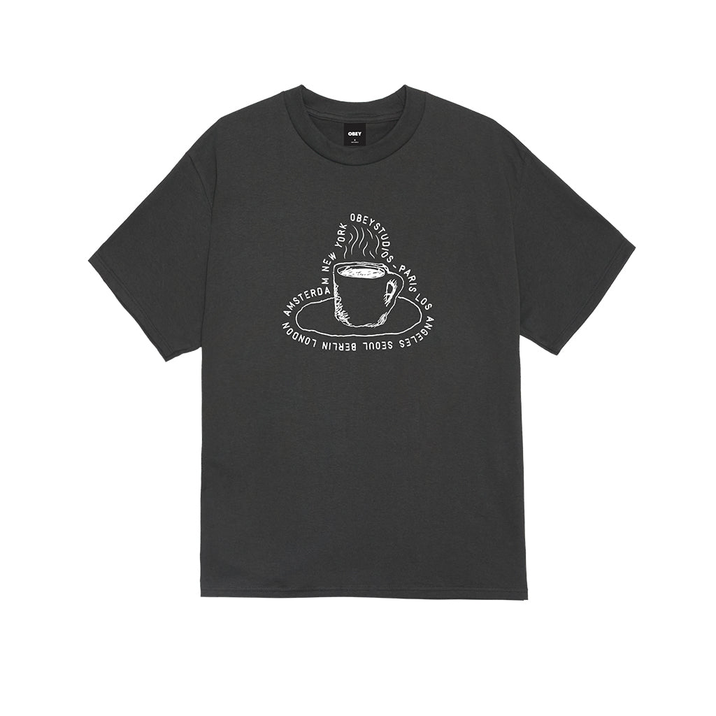 Black t-shirt with white coffee cup graphic on a white background