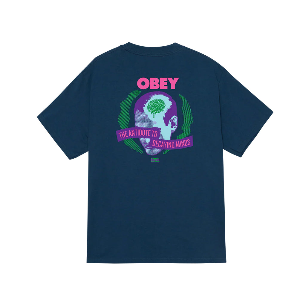 Navy blue t-shirt with 'Obey' graphic design on a white background