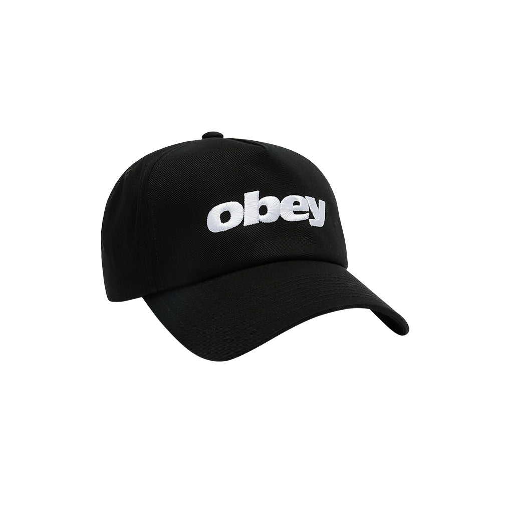 Black cap with 'obey' logo on a white background
