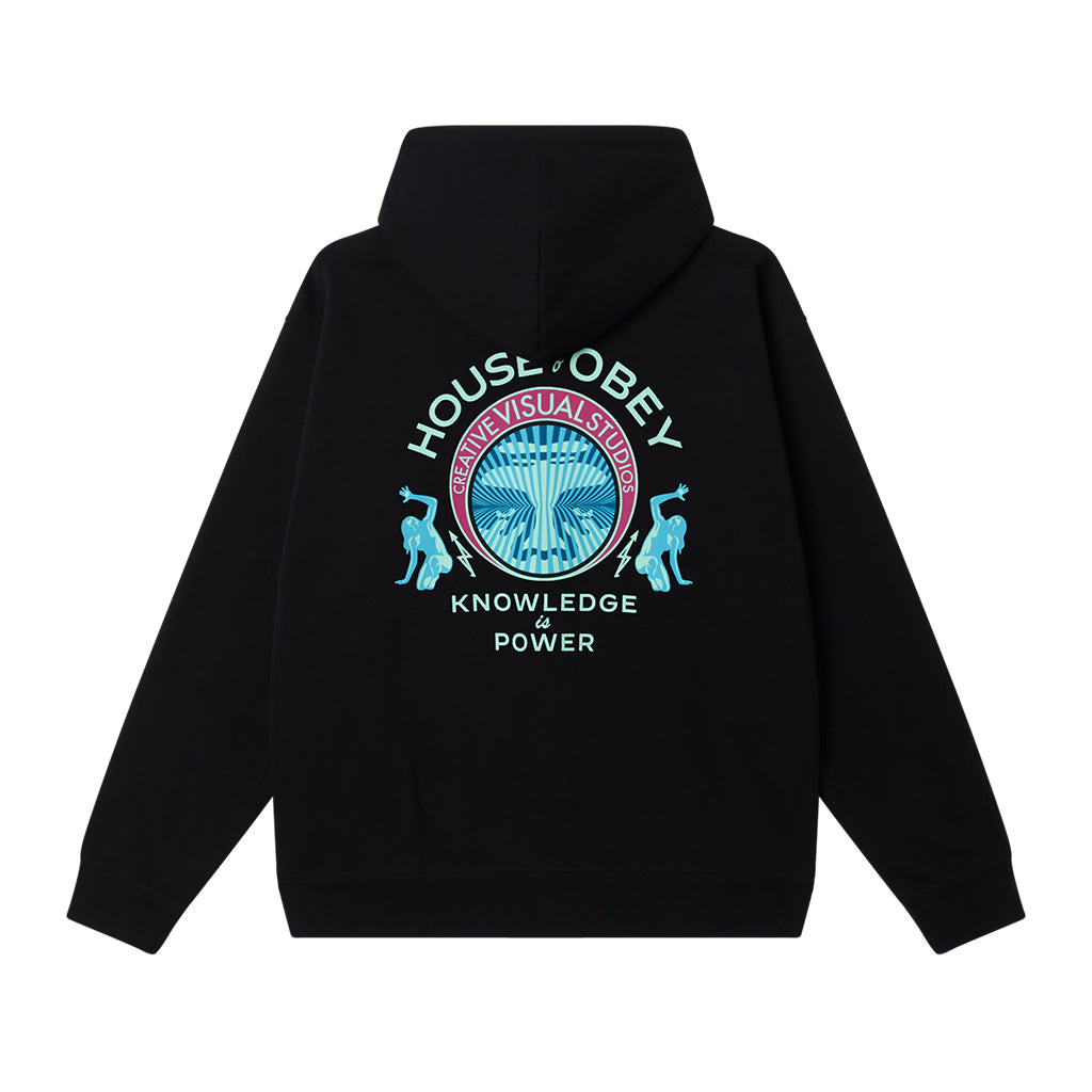 Black hoodie with a colorful graphic on the back against a white background