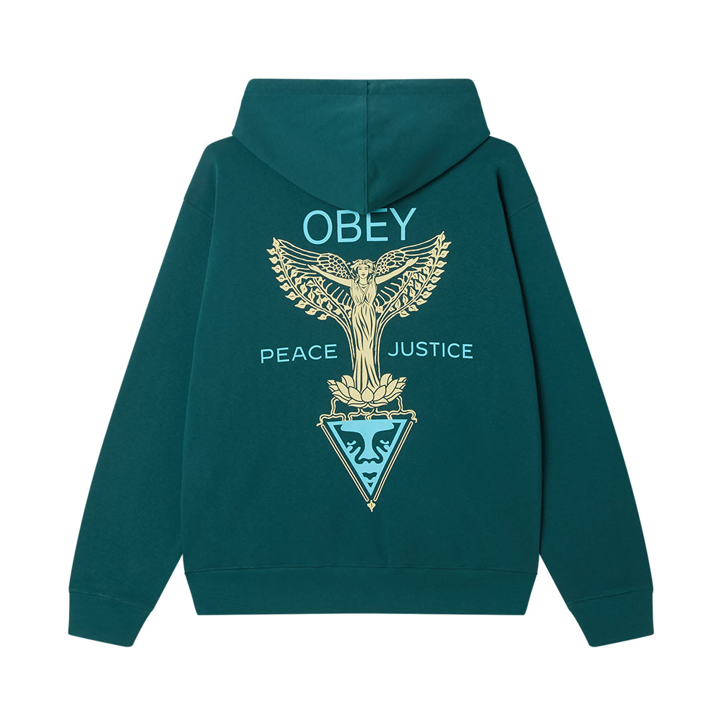 Green hoodie with 'Obey' logo and design on the back
