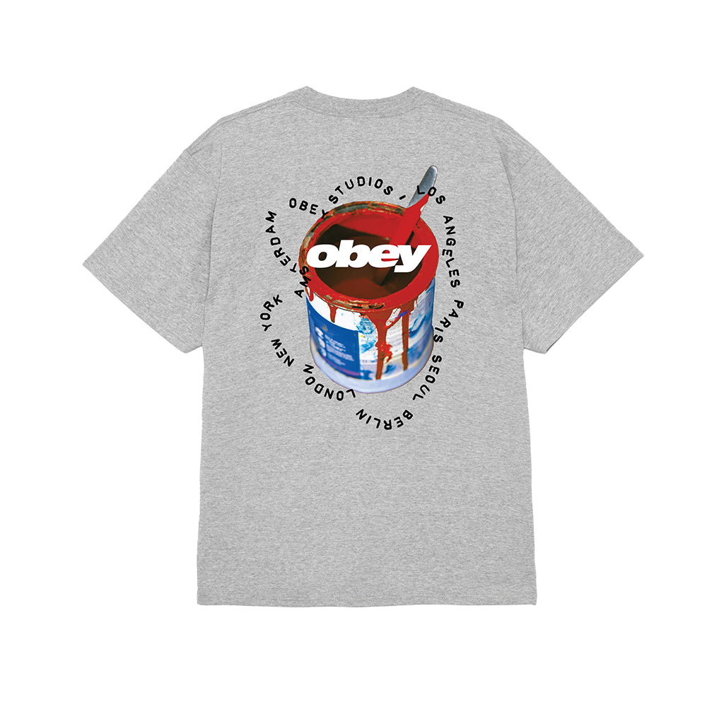 Gray t-shirt with 'Obey' graphic on the back against a white background