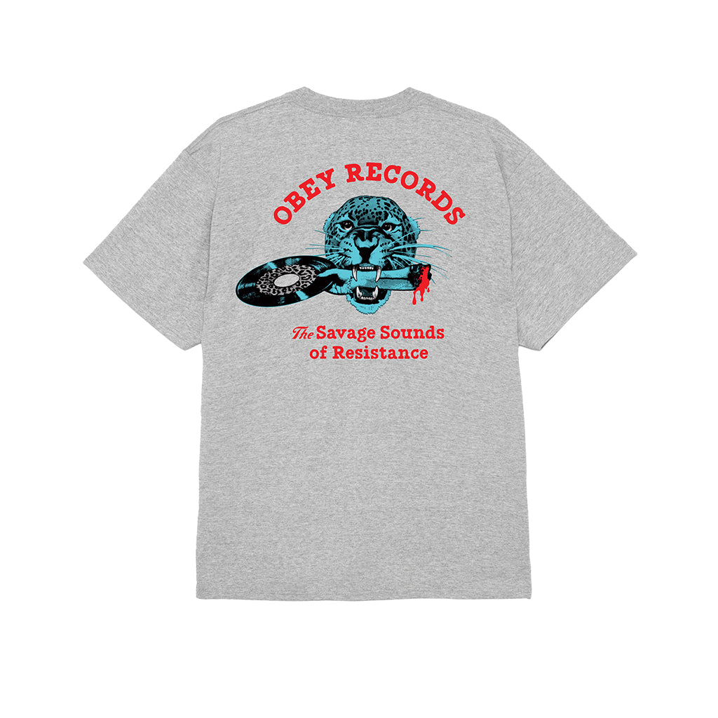 Gray t-shirt with 'Obey Records' graphic on the back