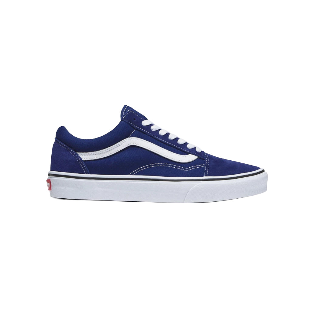 Blue sneaker with white accents on a white background
