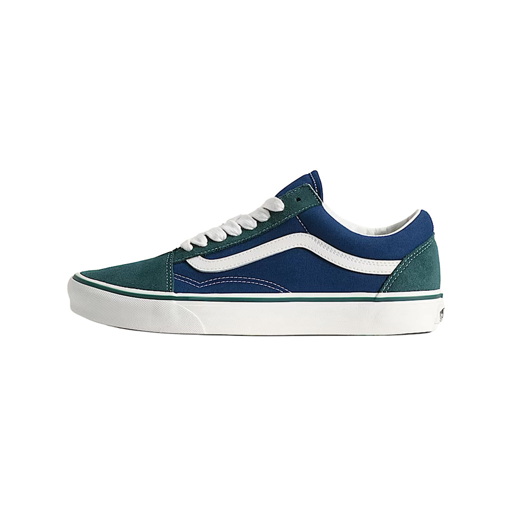 Blue and green sneaker with white accents on a white background