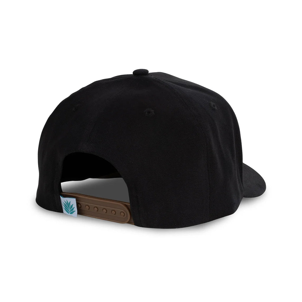 Black cap with a brown patch on a white background