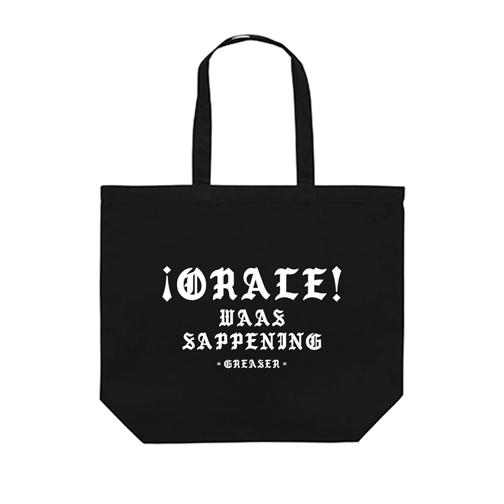 Black tote bag with white text on a white background