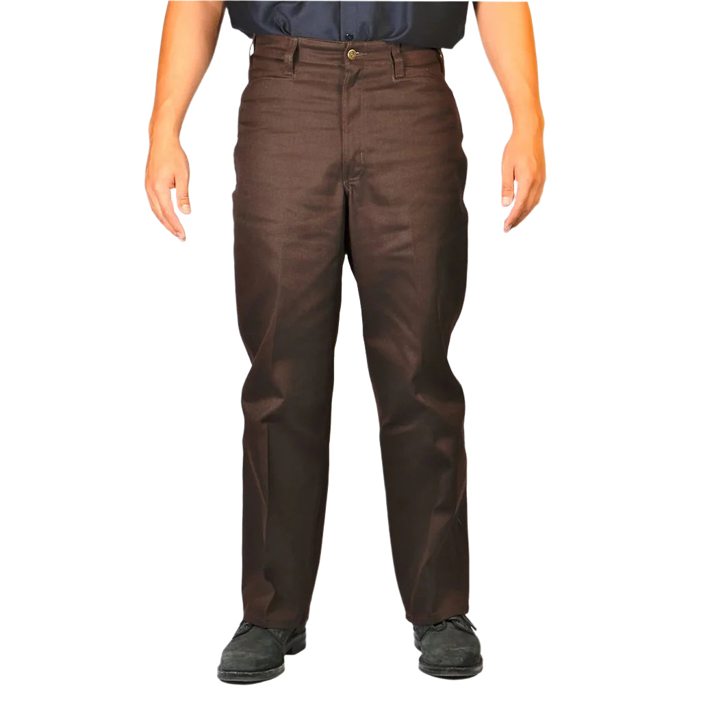 A person standing, wearing brown heavyweight 10oz twill blend pants.
