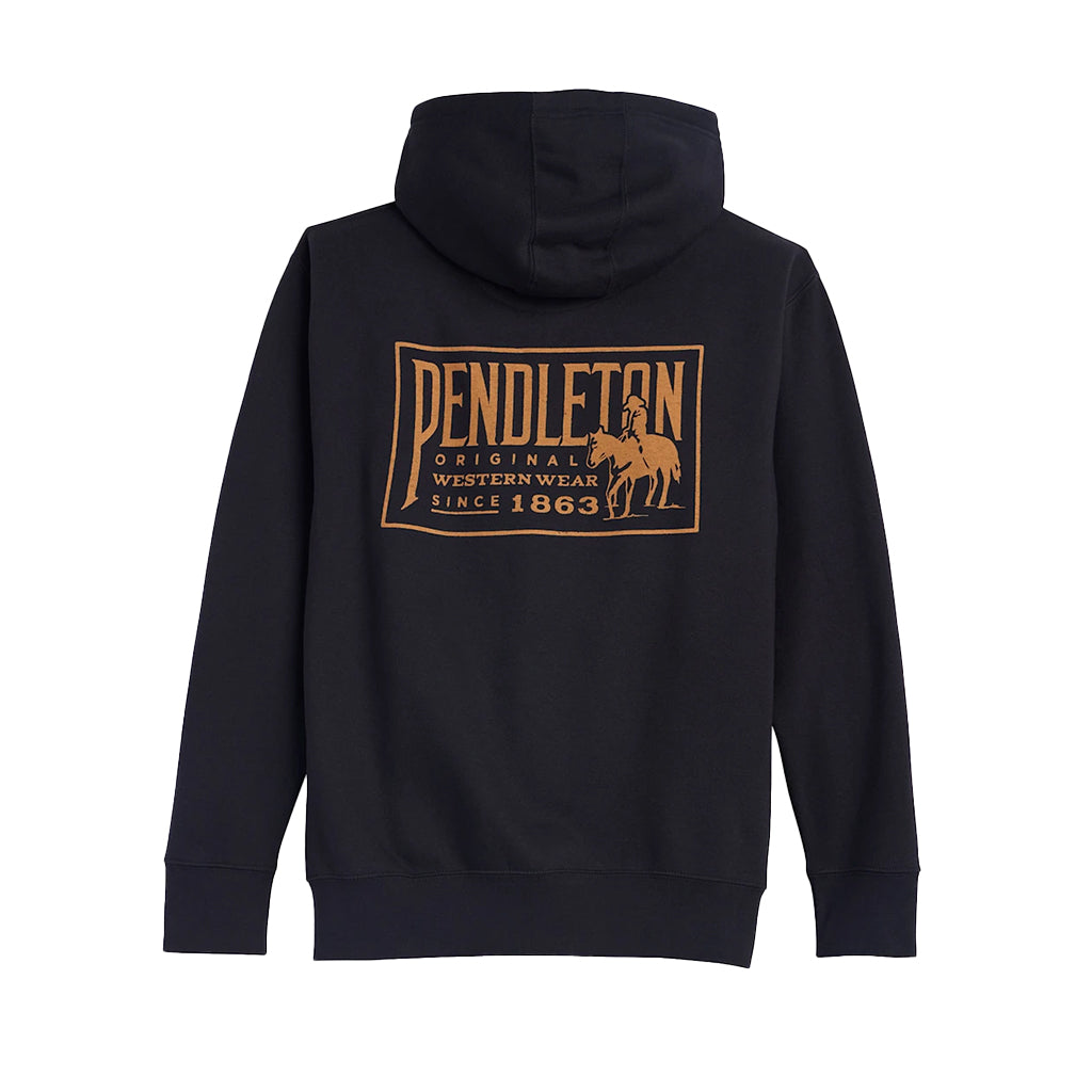 Black hoodie with Pendleton logo on the back against a white background