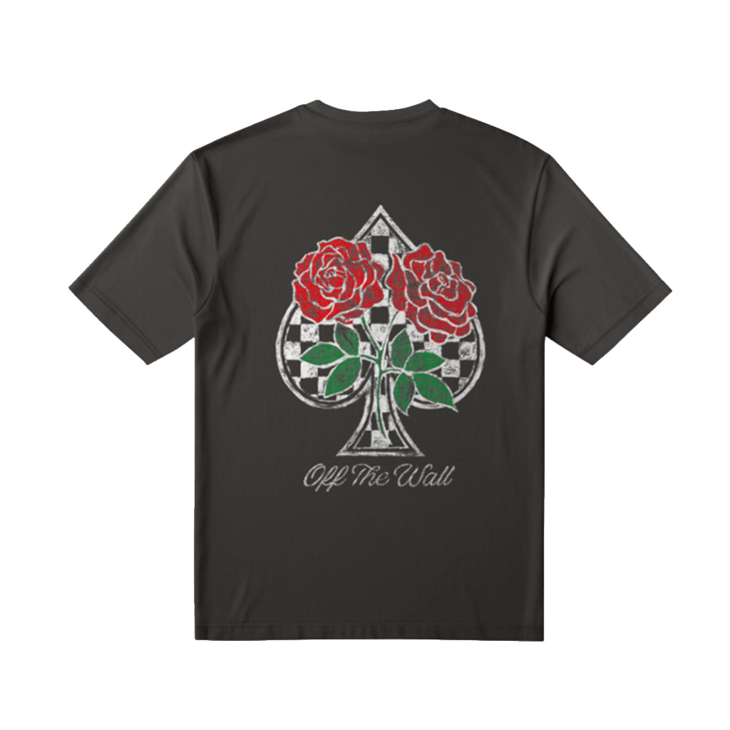 Black t-shirt with a design of a spade symbol with roses and 'Off The Wall' text on a white background