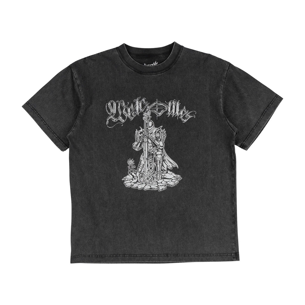 Black t-shirt with white graphic design on a white background