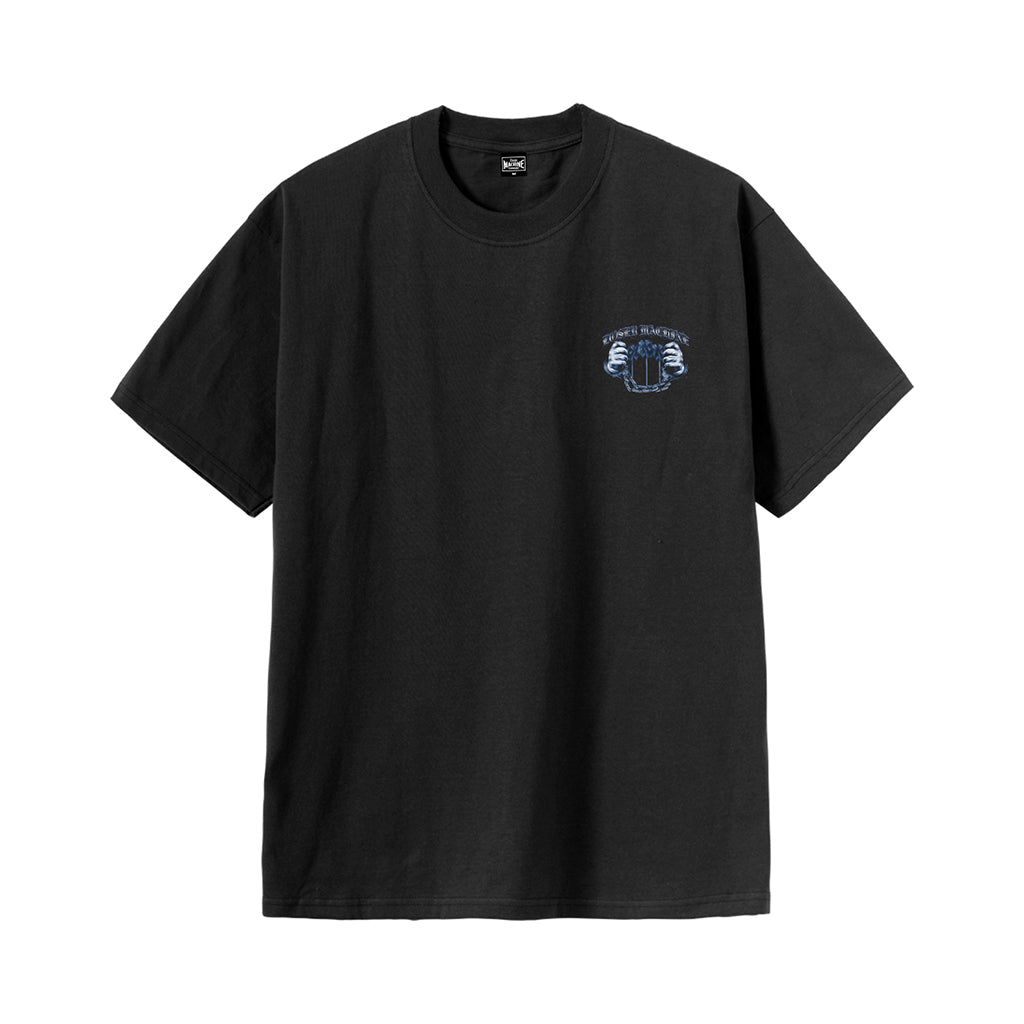 Black t-shirt with a small logo on the chest against a white background