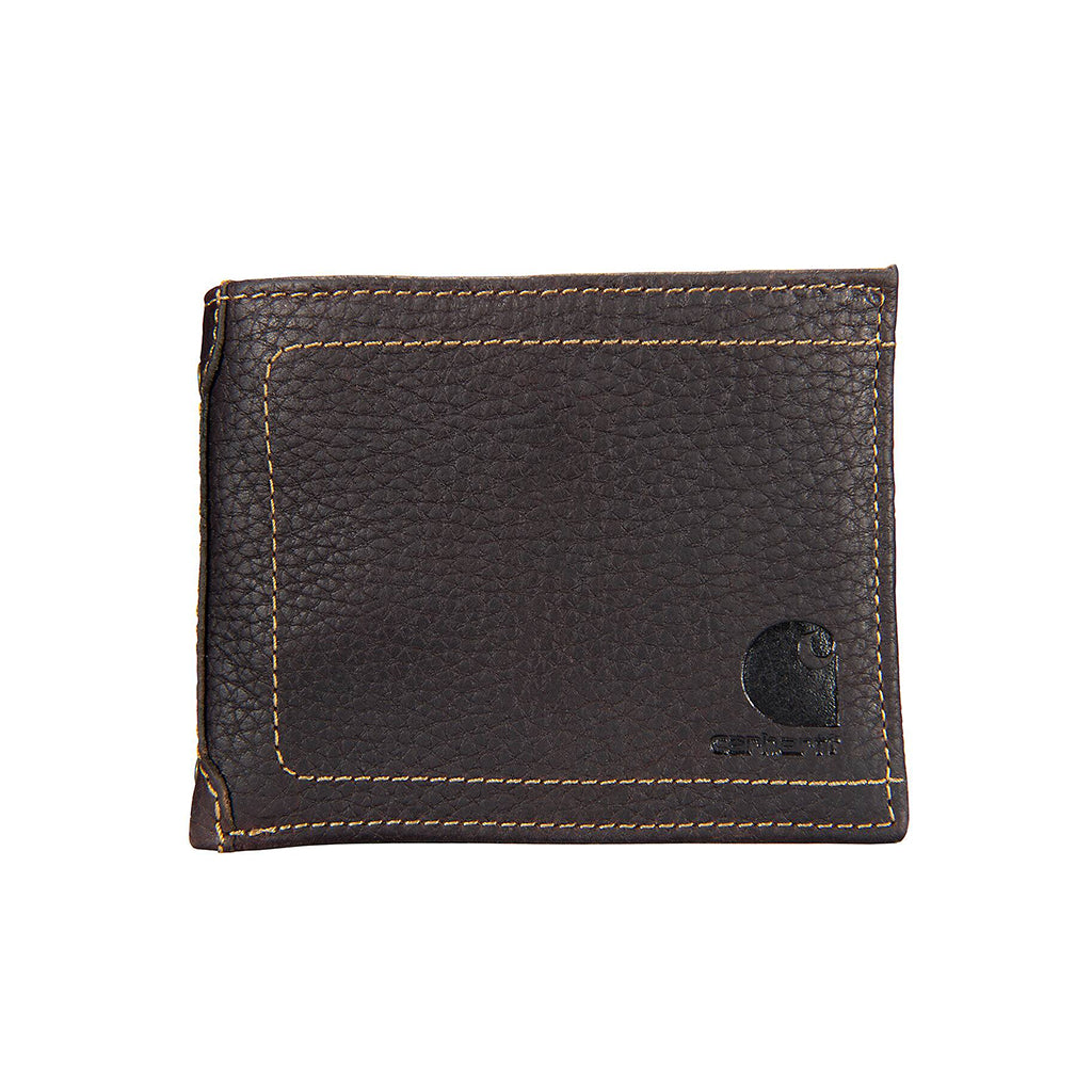 Brown leather wallet with visible stitching on a white background